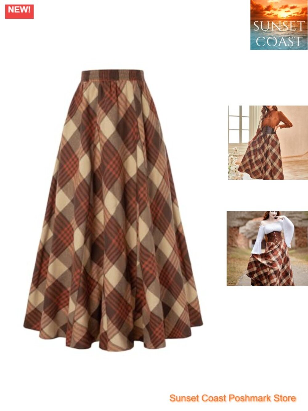 Long Plaid Godet Skirt High Waist A-Line Maxi Lined Pockets